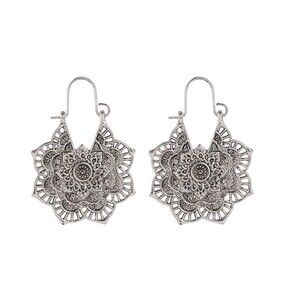 Mandala Lotus Flower Filigree Dangle Drop Earrings Silver Tone Hook Hinged Back